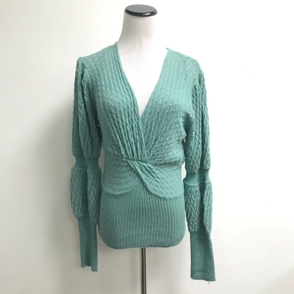 Catherine Malandrino baby alpaca turquoise cable sweater crossover v neck top M